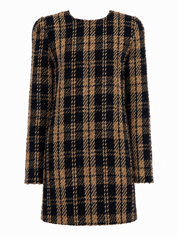 【新品DRESS 223】タータンチェックパワーショルダータイトミニドレス ブラック【5RUE】